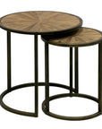 Cairo Set of 2 Occasional Tables with old Round Pine Parquet Tops and Antiqued Bronze Legs CC Interiors