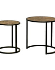 Cairo Set of 2 Occasional Tables with old Round Pine Parquet Tops and Antiqued Bronze Legs CC Interiors