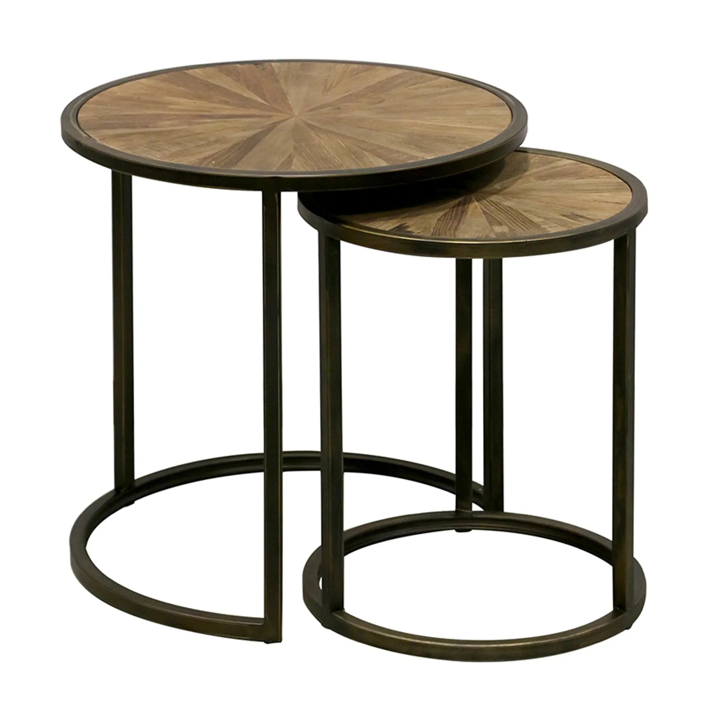 Cairo Set of 2 Occasional Tables with old Round Pine Parquet Tops and Antiqued Bronze Legs CC Interiors