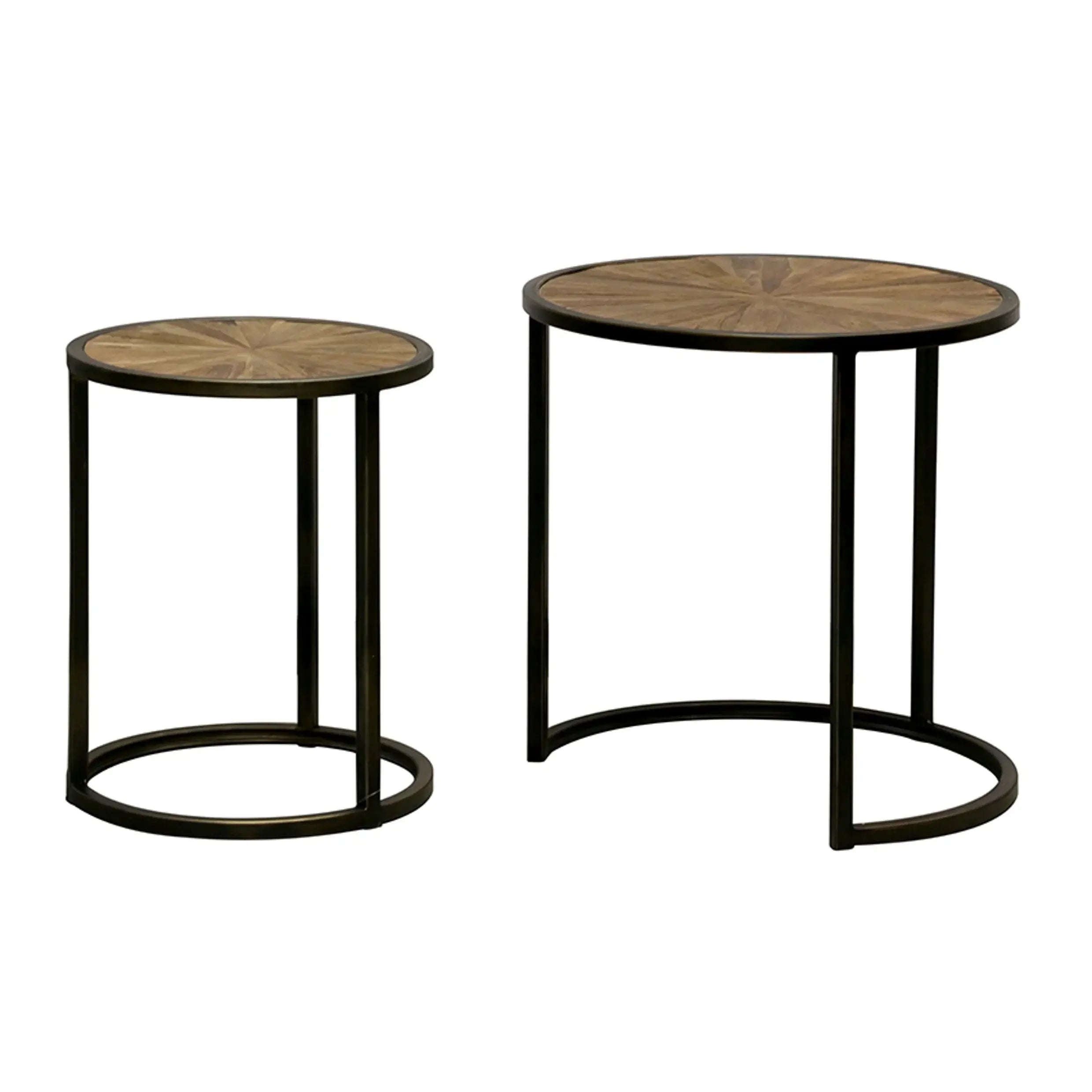 Cairo Set of 2 Occasional Tables with old Round Pine Parquet Tops and Antiqued Bronze Legs CC Interiors