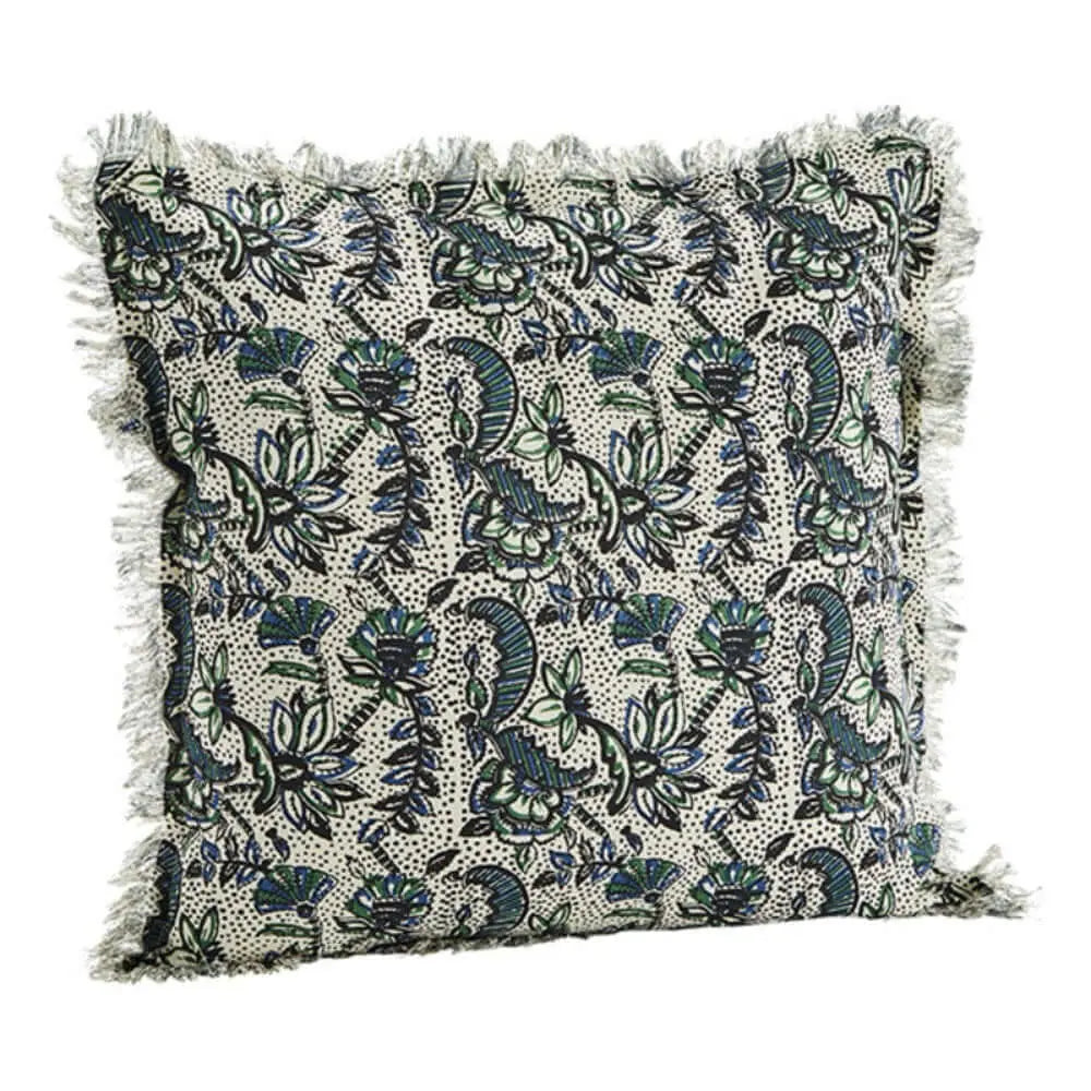 Printed Cotton Cushion W Fringes Wooden Horse